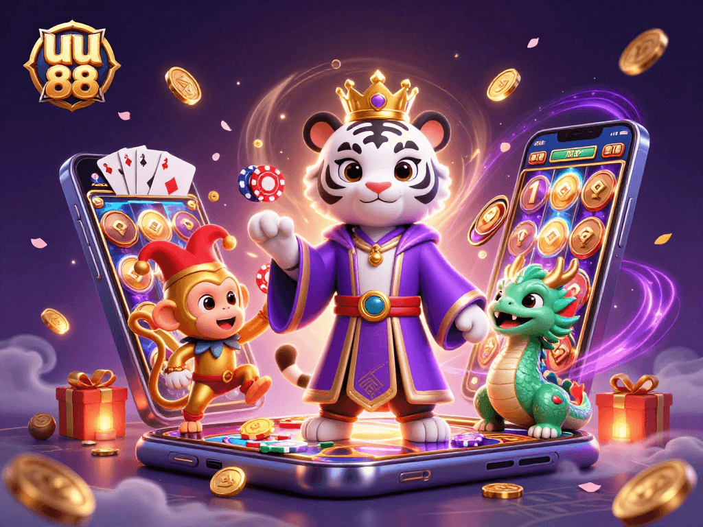 Experience big wins with uu 88 in this vivid casino scene featuring spinning slot games and lively characters.