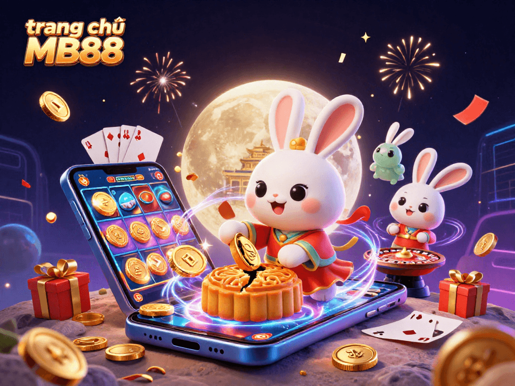 Experience the excitement of gaming at trang chủ MB88 with vibrant 3D moon rabbits and casino elements.