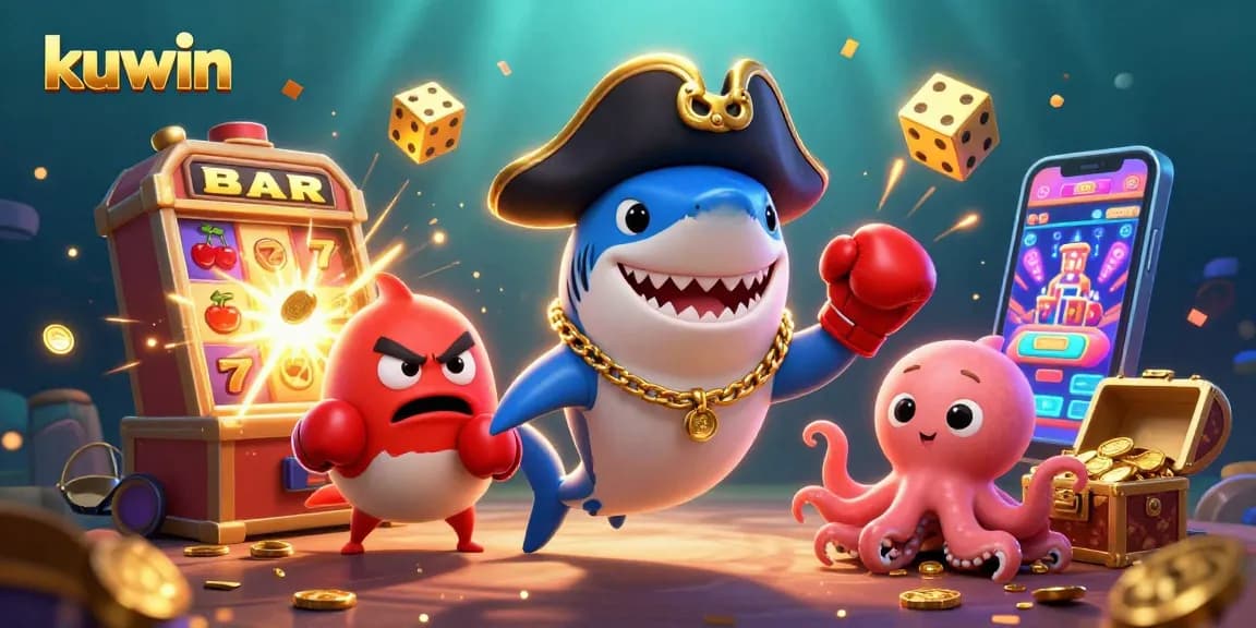 Kuwin boosts your win with a dynamic casino scene showing a pirate shark and friends amidst slot machines and jackpots.