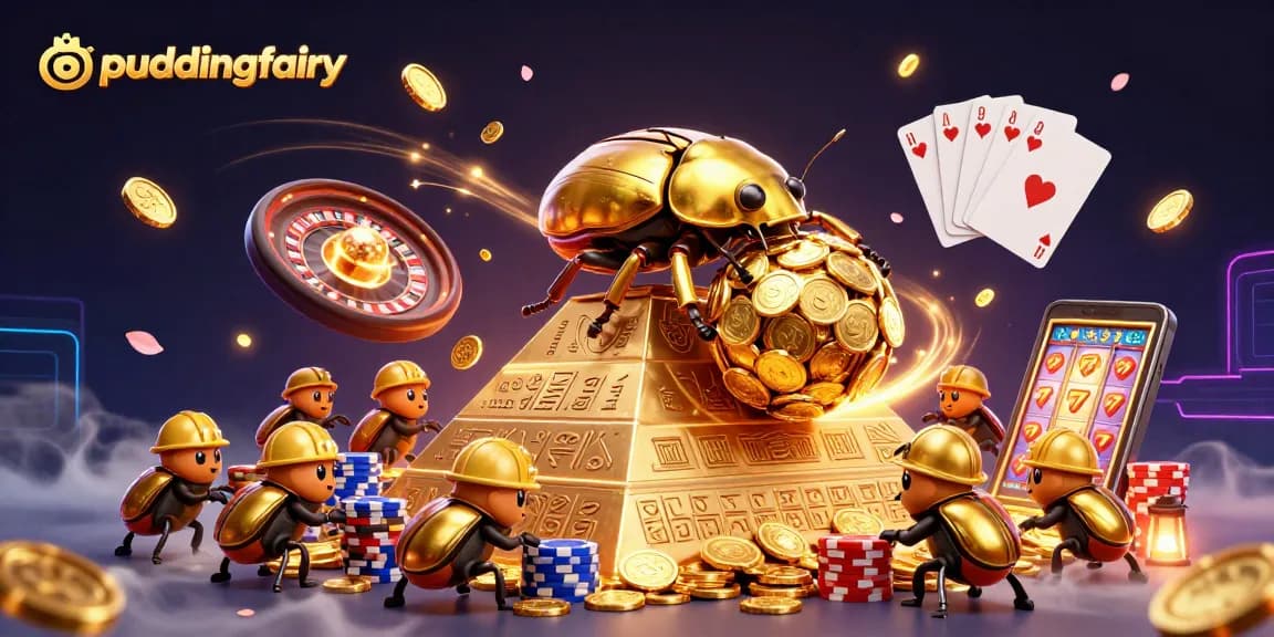 Spin to win with puddingfairy: A vibrant illustration showcasing dynamic casino elements and golden treasures.
