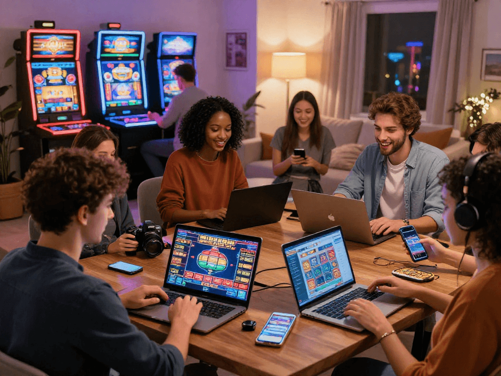 Scène d'un casino en ligne avec des amis jouant à des jeux, illustrant l'expérience de casino en ligne.