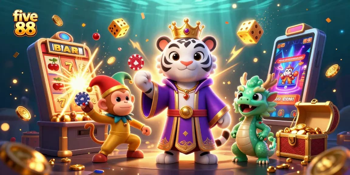 Experience the thrill of five 88 with a jackpot celebration featuring dynamic gaming characters and bright colors.