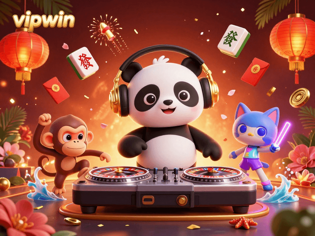 Join the vipwin party: DJ panda spins roulette while a breakdancing monkey and a rave kitten dance.