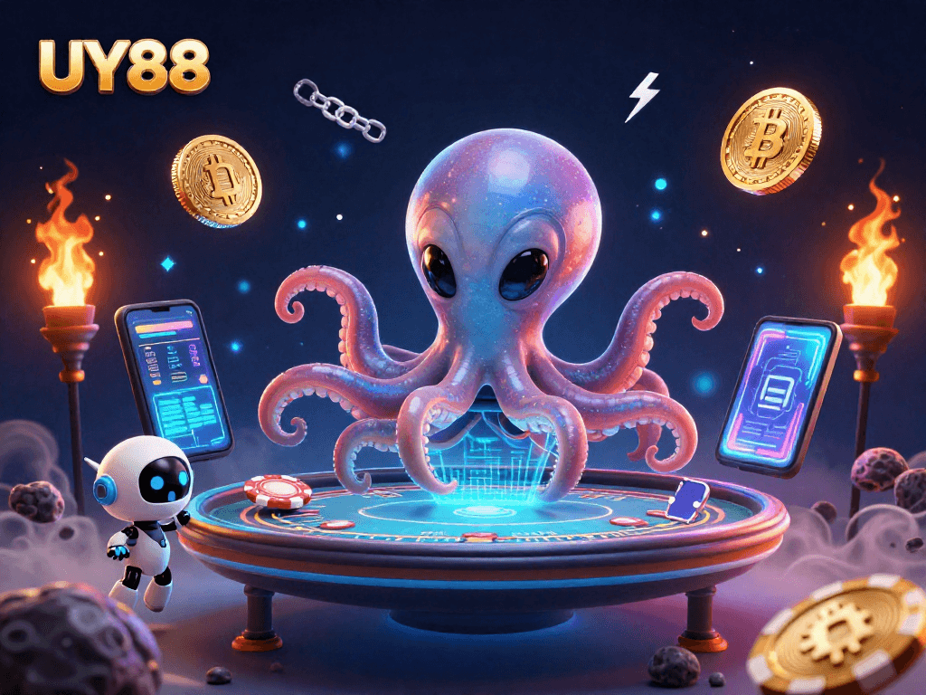 Engage with UY88's vibrant gambling universe while an octopus operates a holographic poker table, a thrilling casino scene.