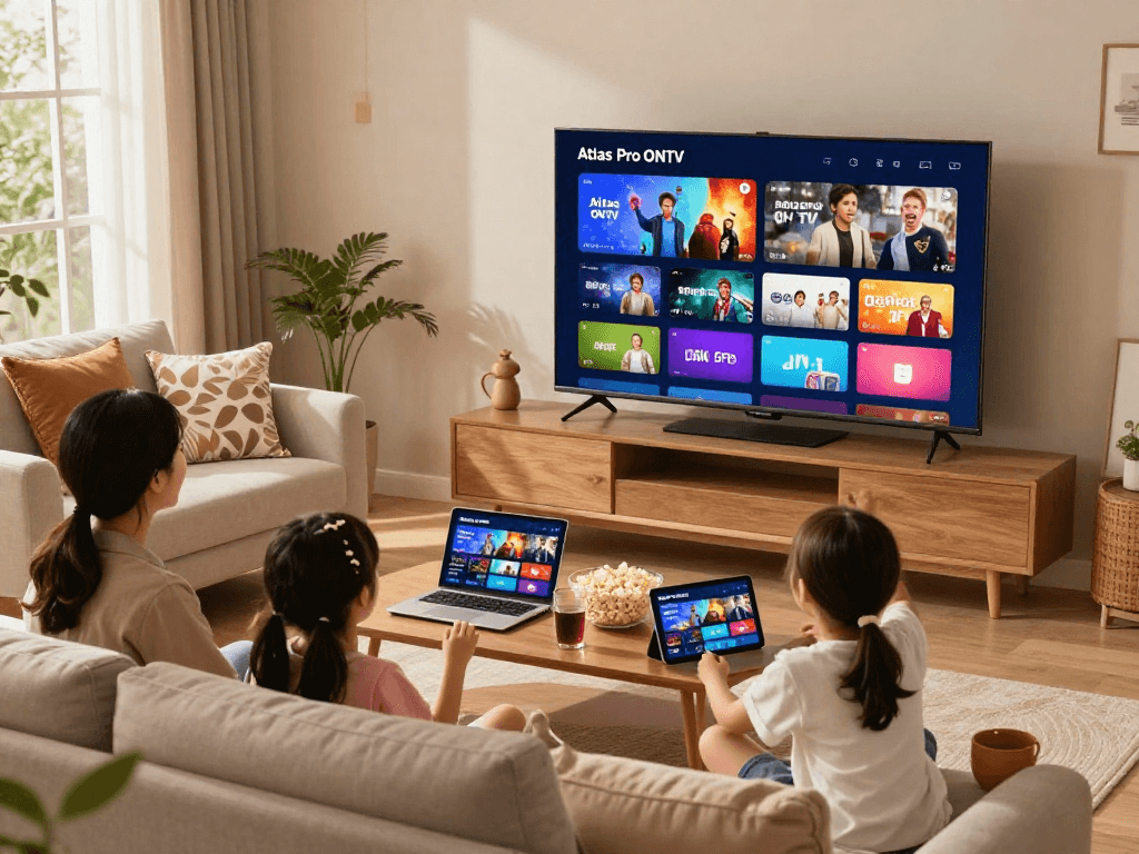 Télévision familiale avec Atlas Pro en direct, ambiance cosy et joyeuse