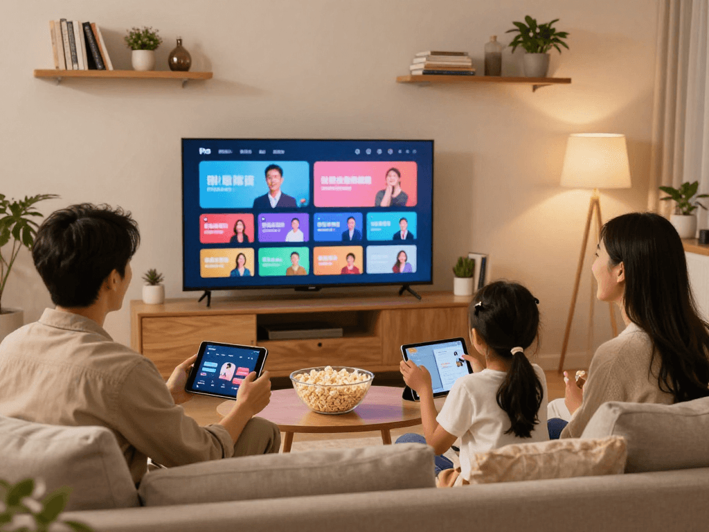 Famille profitant d'Iron tv pro sur leur Smart TV dans un salon chaleureux