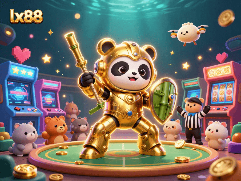 Experience gaming thrills with lx88 in a dynamic arena featuring colorful characters and vibrant casino elements.