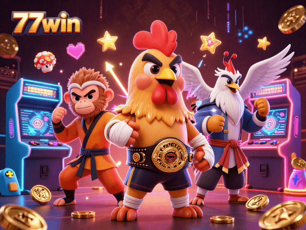 Experience the excitement of winning at 77win with a lively casino-themed illustration featuring a Muay Thai rooster, Shaolin monkey, and crane master.