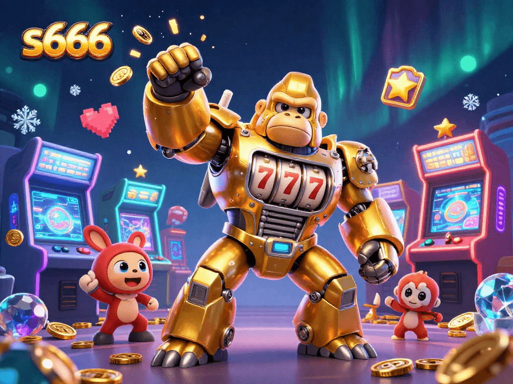 S666's golden gorilla mech launches coins in a vibrant casino-themed 3D scene.