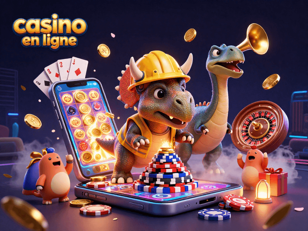 Jouer au casino en ligne avec un triceratops qui construit une pyramide de jetons de poker dans un univers festif.