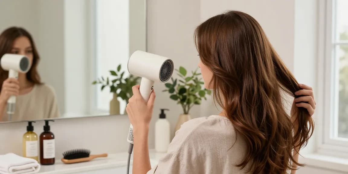 Utilisation d'un sèche-cheveux céramique pour un coiffage parfait dans une salle de bain lumineuse.