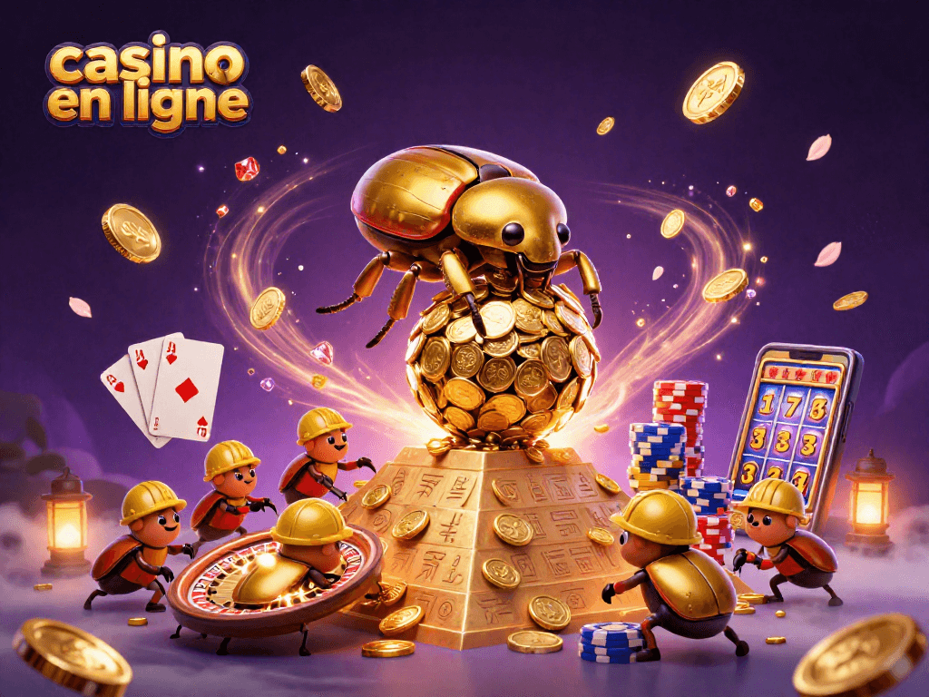 Illustration dynamique sur le casino en ligne, mettant en scène des insectes dorés et des éléments symboles de jeu.